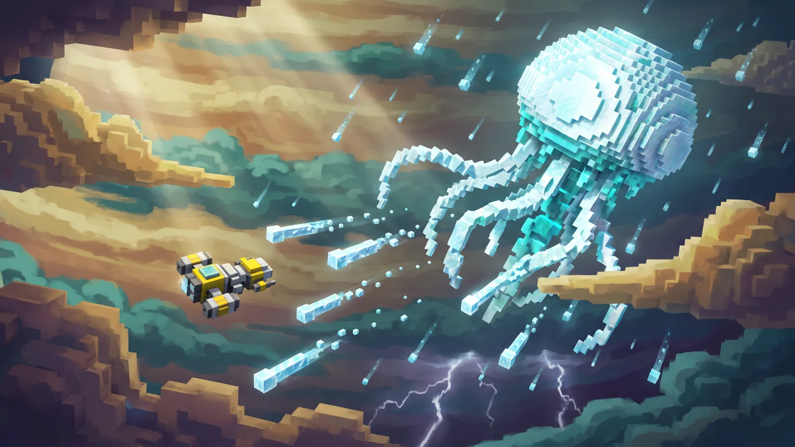 A diamond jellyfish in a gas giant's clouds firing diamonds at a small ship, concept art