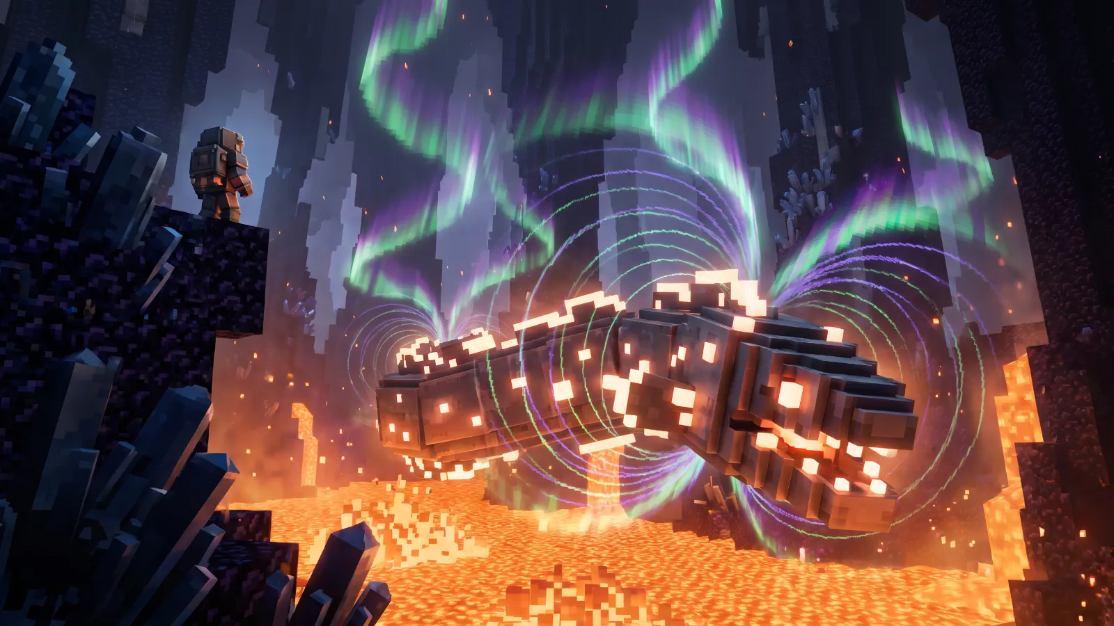 A leviathan swimming through a sea of molten iron with magnetic light rising from it, concept art