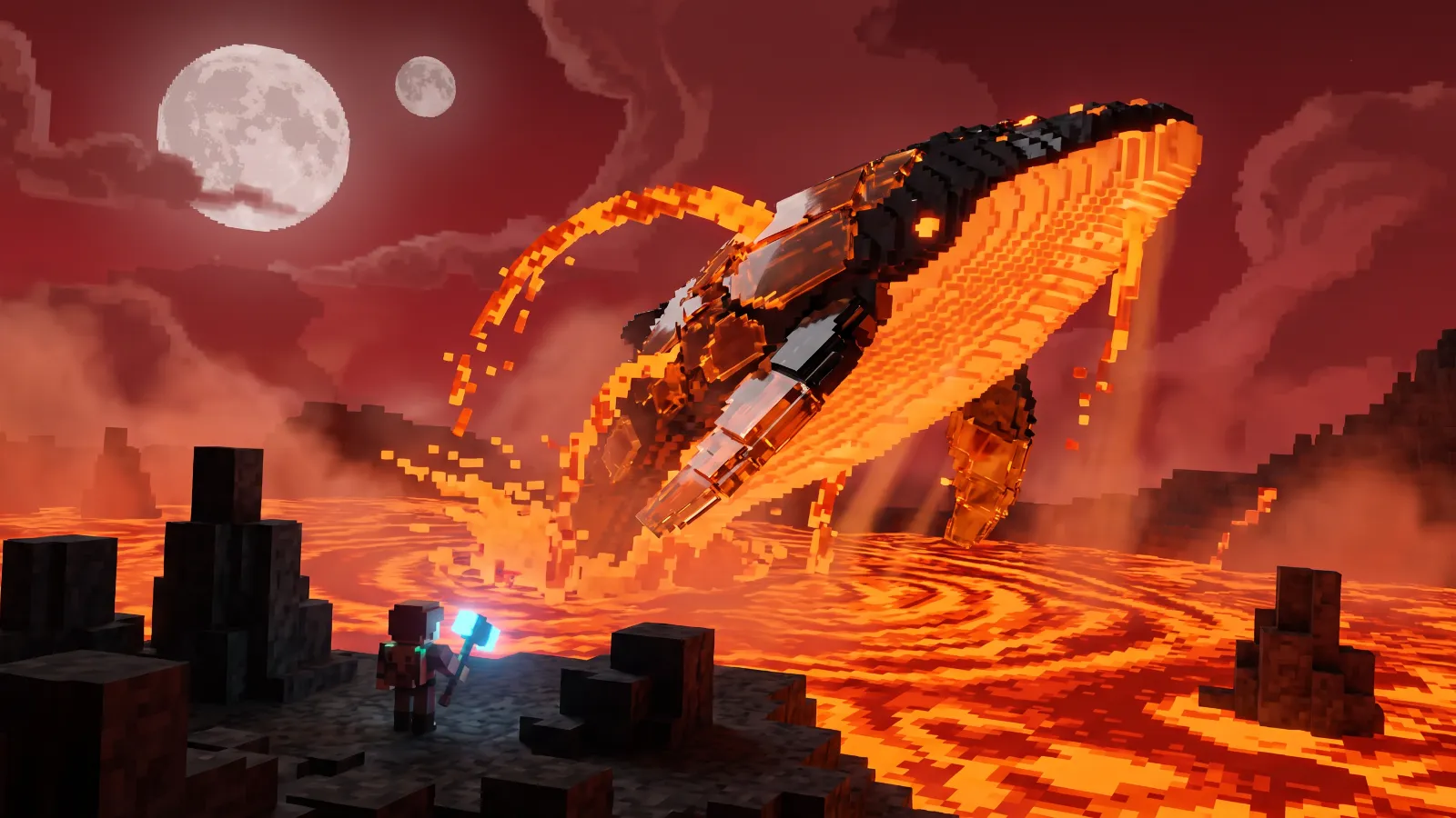 A whale breaching from a lava ocean as its skin cools to glass, concept art