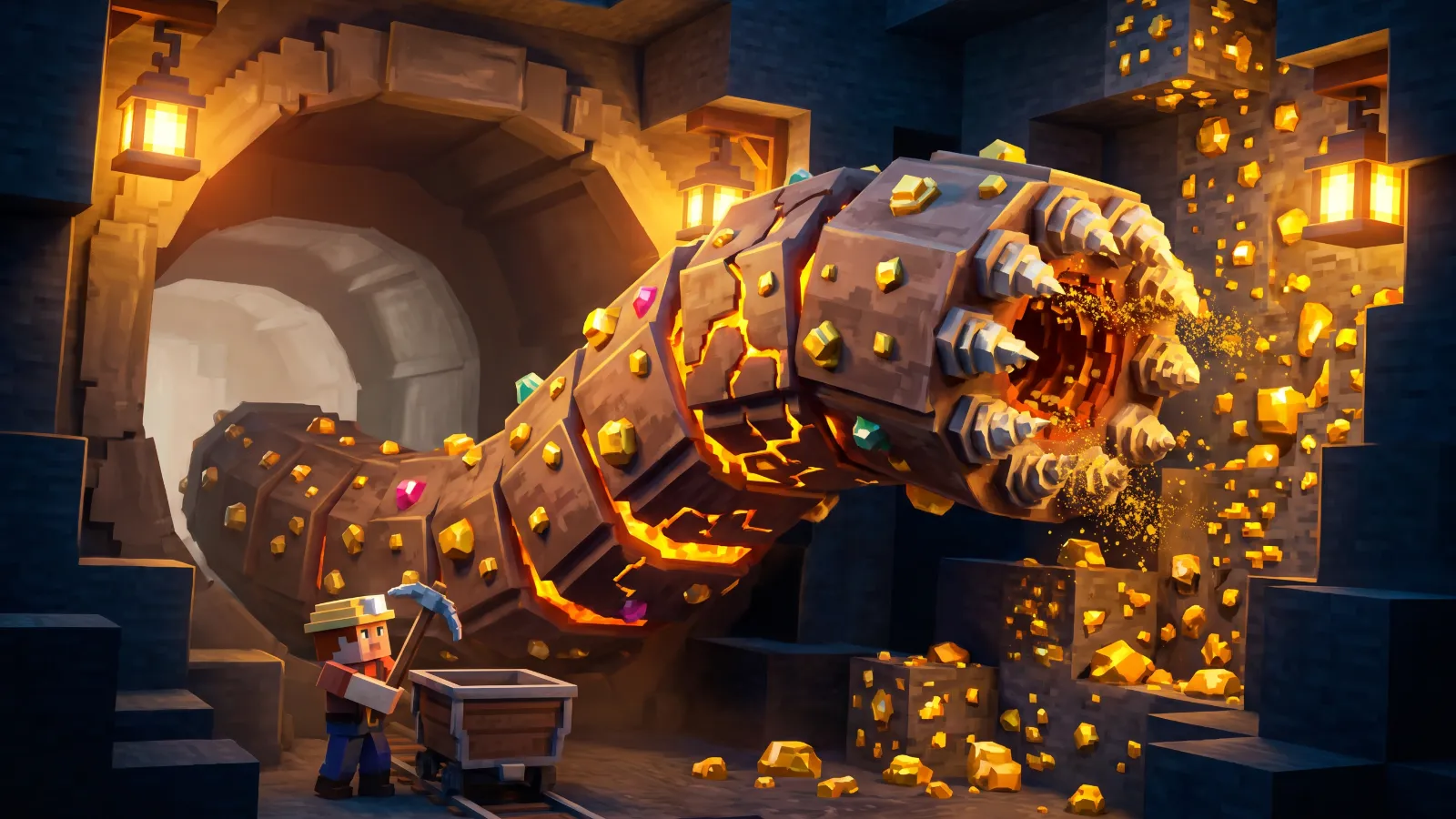A giant armoured worm studded with gold eating through an ore vein in a mine, concept art