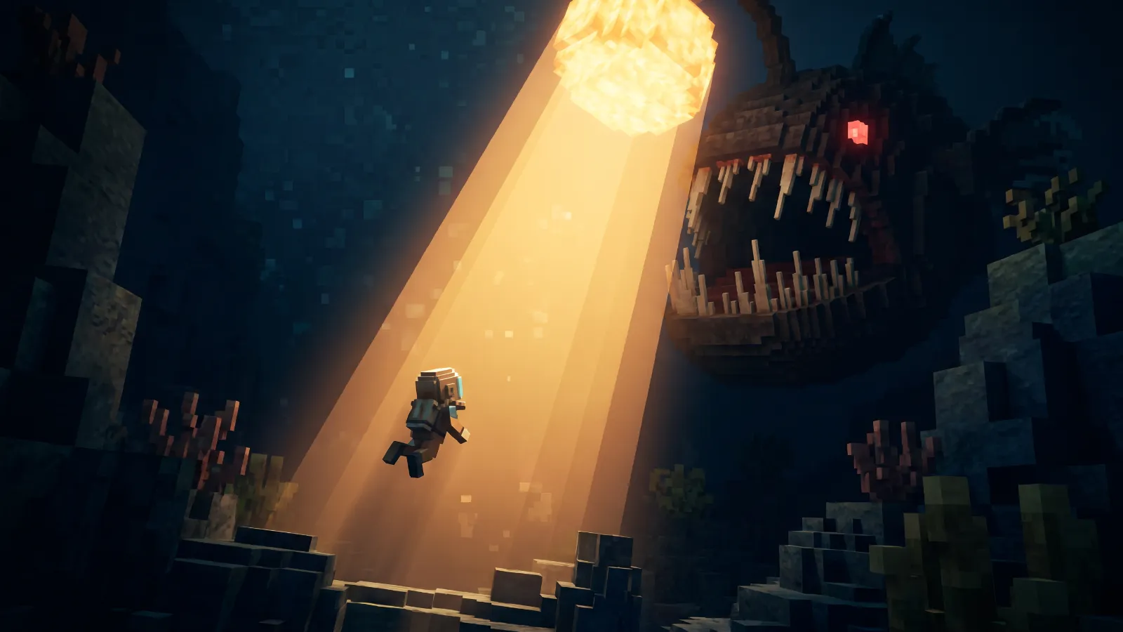 A diver swimming up a shaft of light toward the hidden jaws of a giant anglerfish, concept art