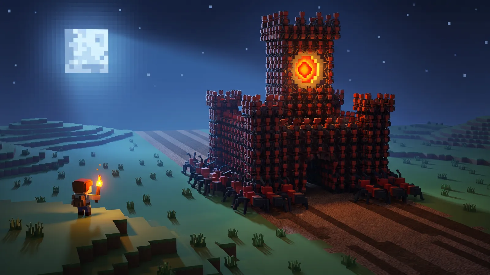 A castle made of linked giant ants walking across moonlit grassland, concept art