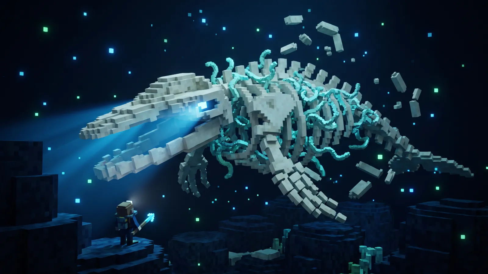 A walking whale skeleton bound together by pale worms on the dark sea floor, concept art