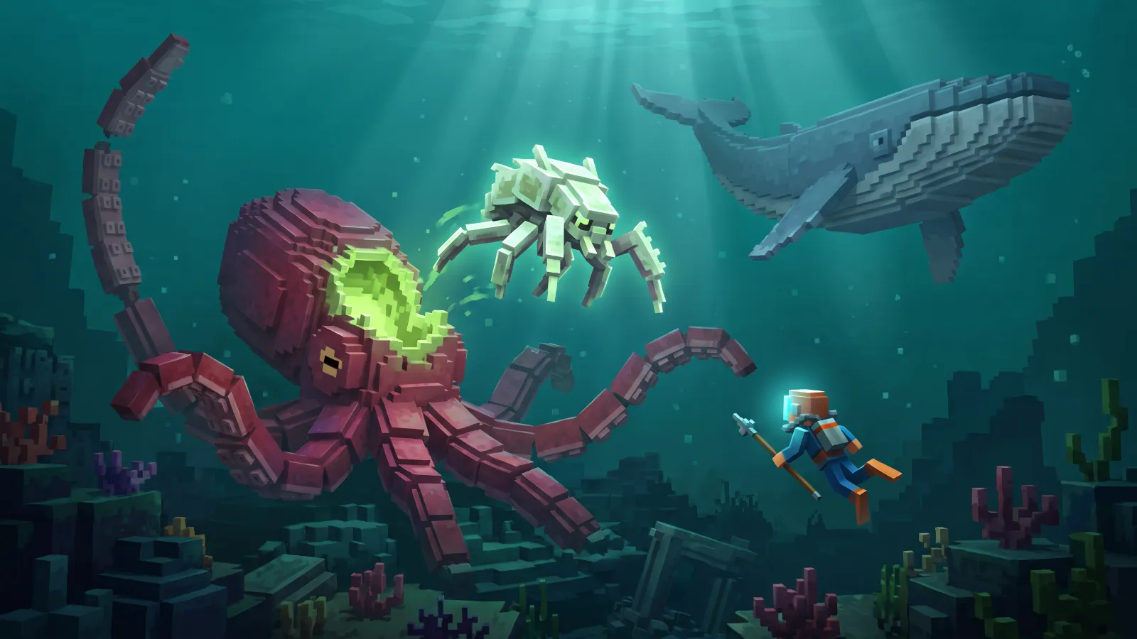 A glowing parasite crawling from a dying kraken toward a whale, concept art