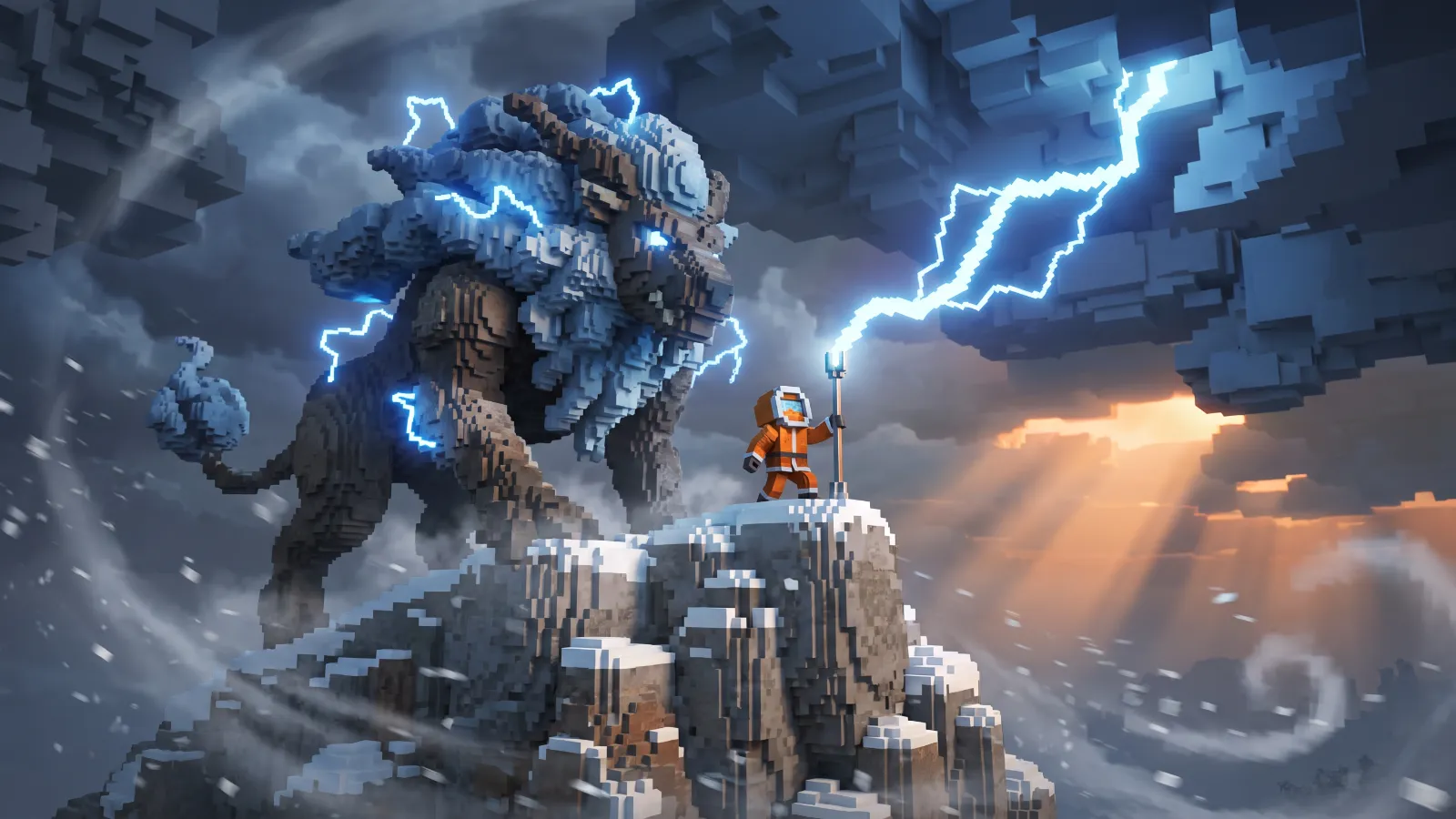 A storm beast on a mountain peak struck by lightning bounced off a rod, concept art