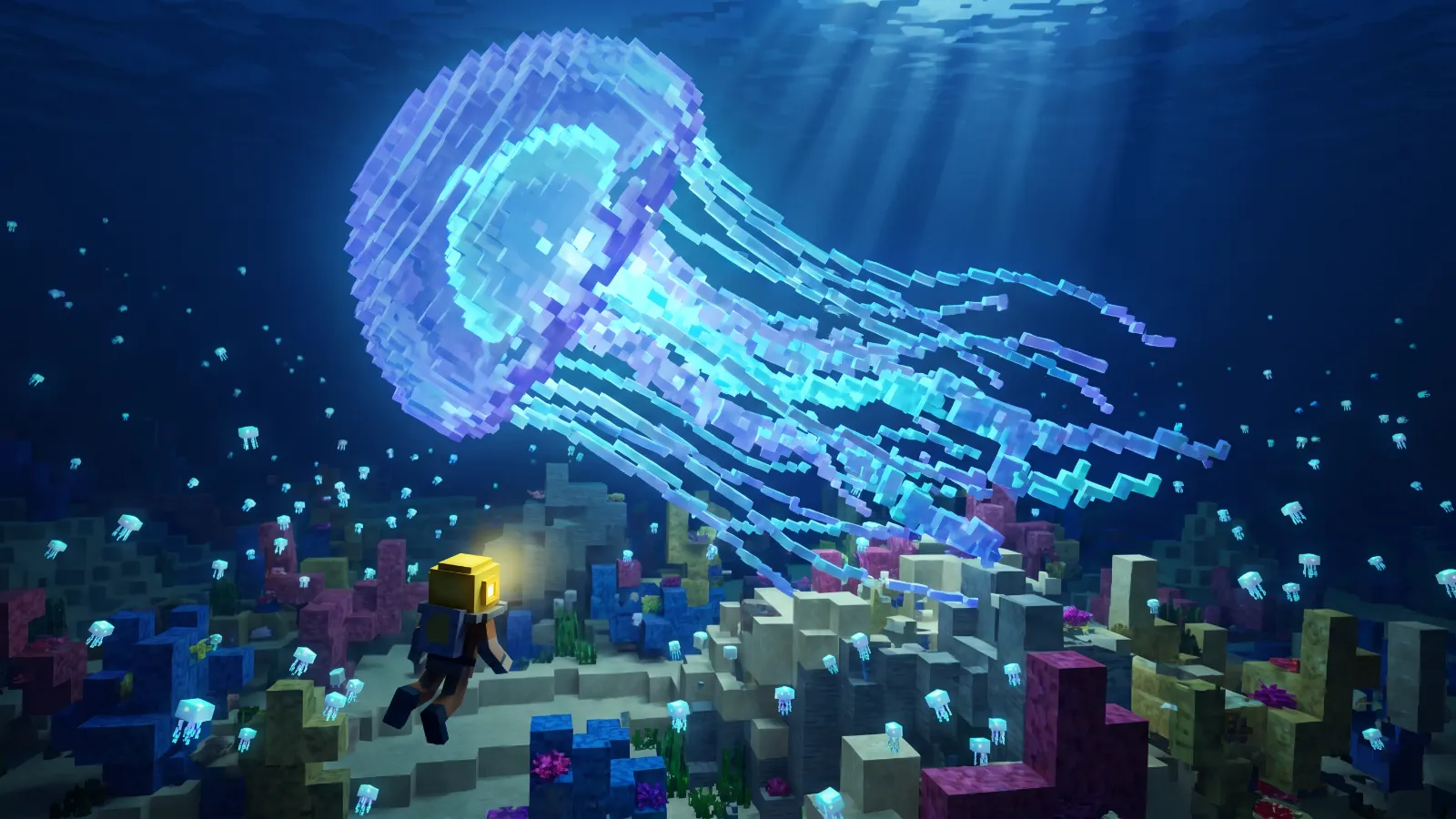 A gigantic glowing jellyfish rising over a reef among thousands of tiny ones, concept art