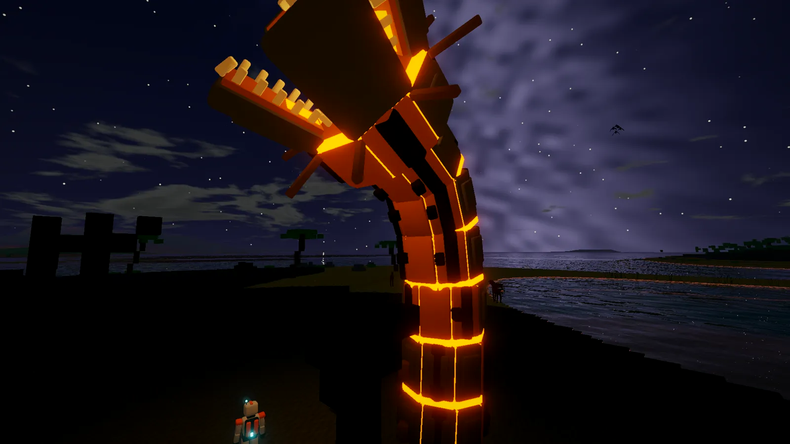 The Mantle Wurm rearing over an explorer on a beach at night